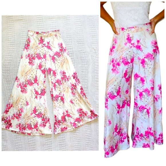 Reborn boho women's Floral pants Flare Wide legs high waist Size L Baggy Y2k - Picture 1 of 12